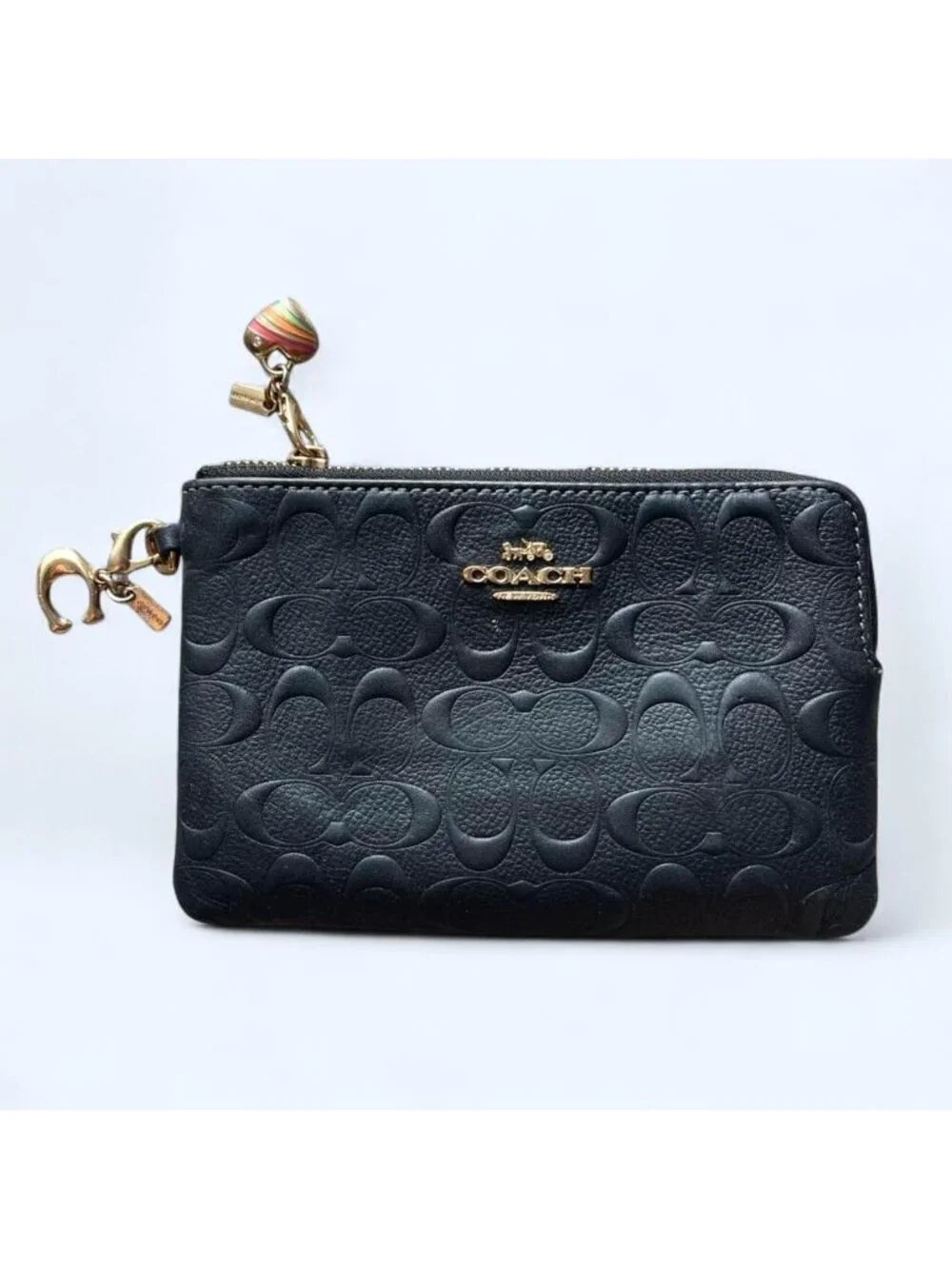 Coach Black Signature C Embossed Leather Corner Zip Wallet Chic Classic Utility